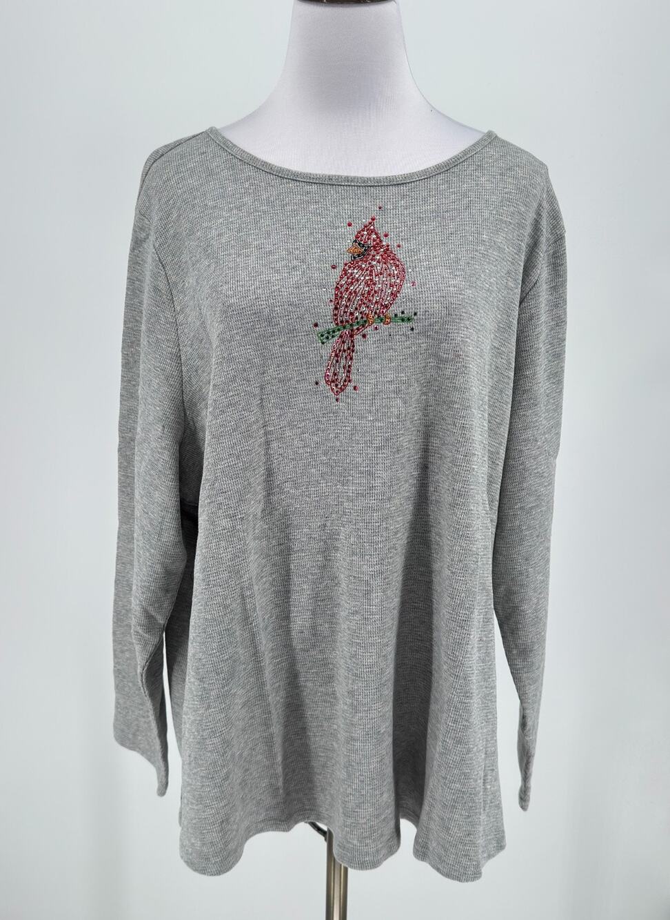 Quacker Factory Gray Rhinestone Bird Waffle Knit Long Sleeve Top Sz 2X NEW